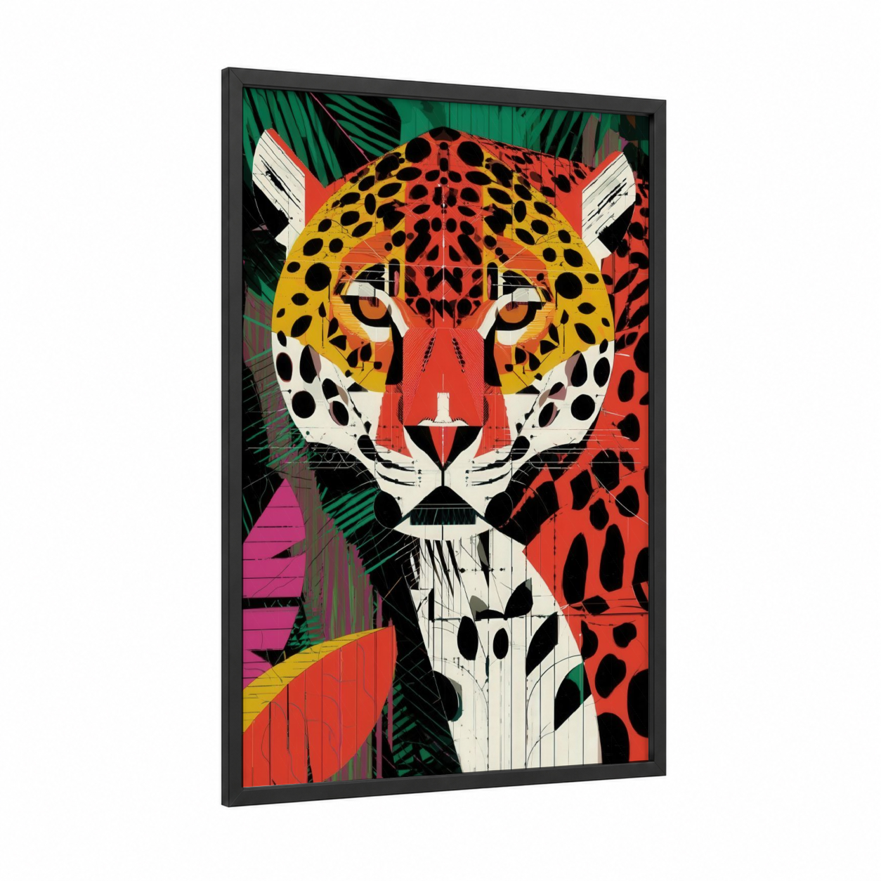 Neon Jaguar framed art print — black wood frame — magenta and gold palette