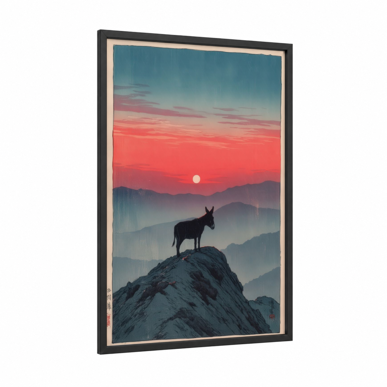 Summit Donkey Sunset framed art print — black wood frame — red and teal palette