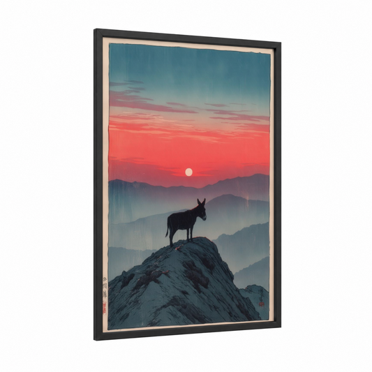 Summit Donkey Sunset framed art print — black wood frame — red and teal palette