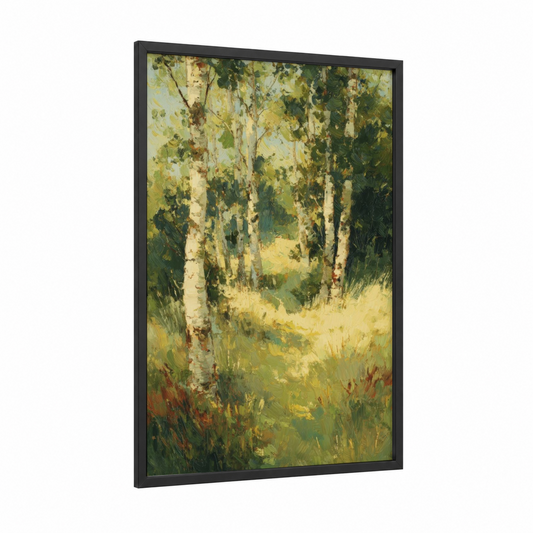Golden Birch Forest framed art print — black wood frame — gold and green palette