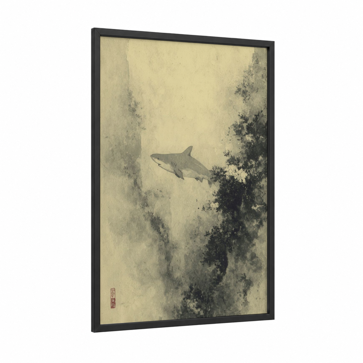 Solitary Lemon Shark framed art print — black wood frame — gray and cream palette