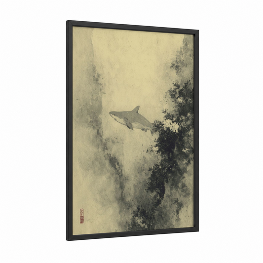 Solitary Lemon Shark framed art print — black wood frame — gray and cream palette