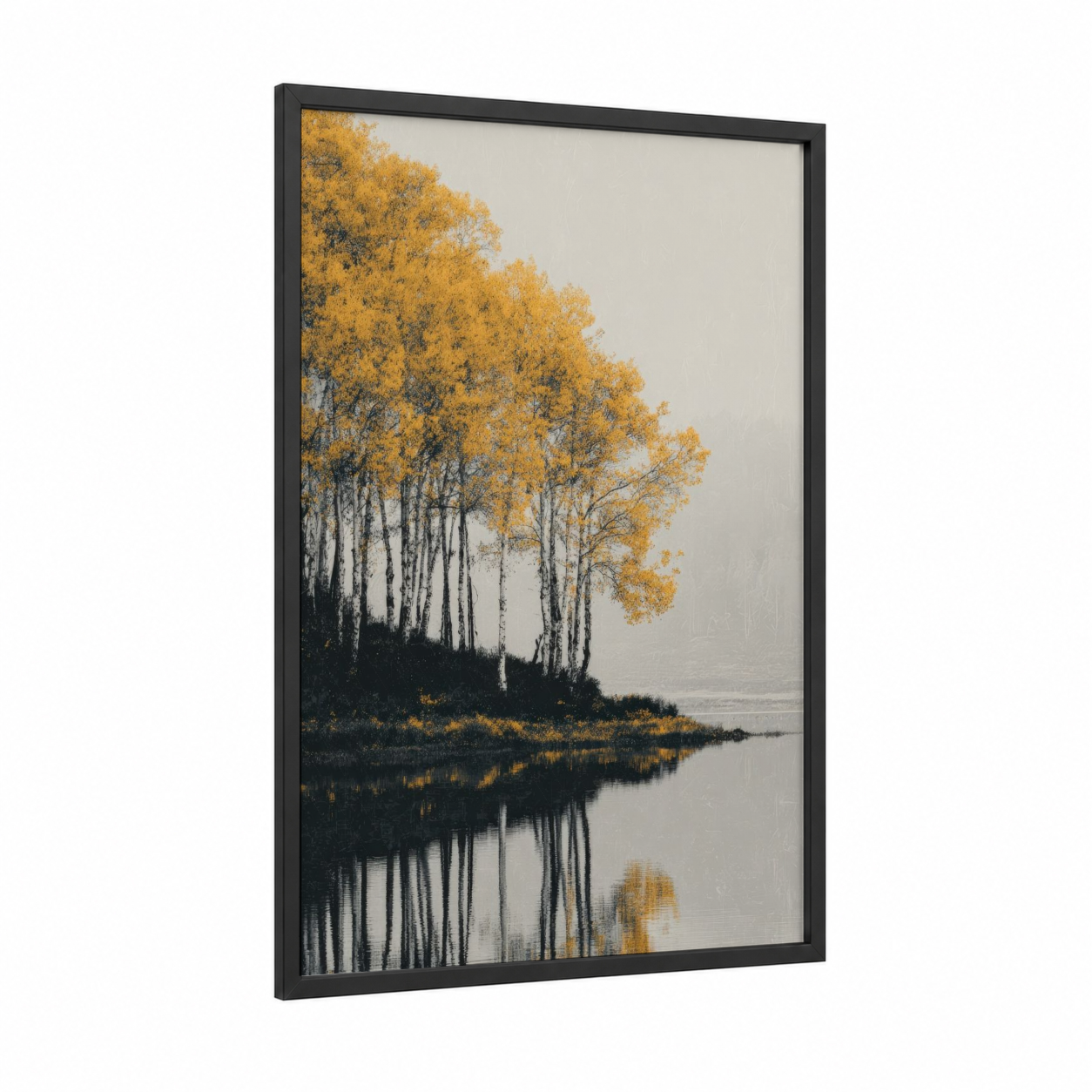 Golden Birch Lake framed lakes print — black wood frame — yellow gold and gray palette