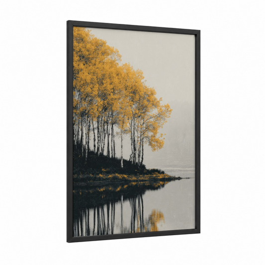Golden Birch Lake framed lakes print — black wood frame — yellow gold and gray palette