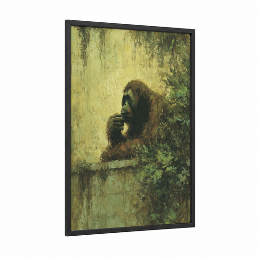 Contemplative Orangutan framed art print — black wood frame — yellow gold and olive palette