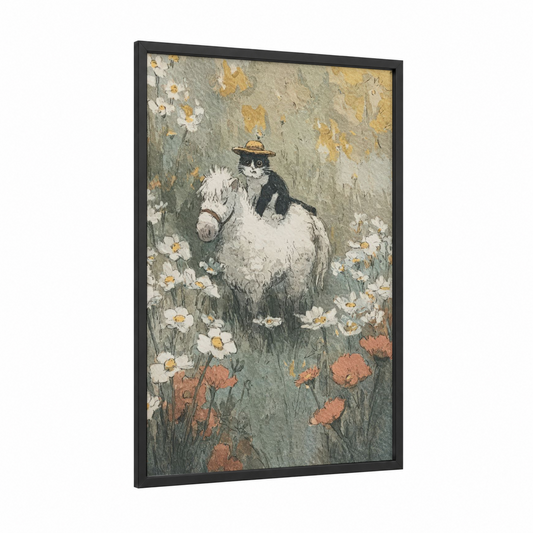 Daisy Ride framed horseback print — black wood frame — gray and peach palette