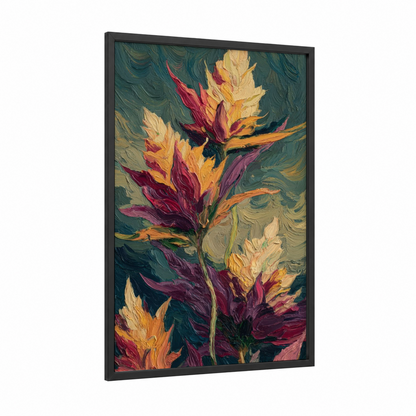 Vibrant Cannabis Blooms framed art print — black wood frame — magenta and yellow gold palette