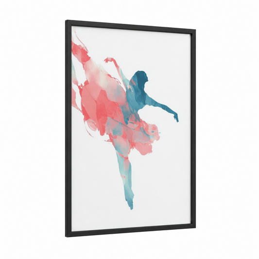 Graceful Ballet Dancer framed art print — black wood frame — salmon pink and teal palette