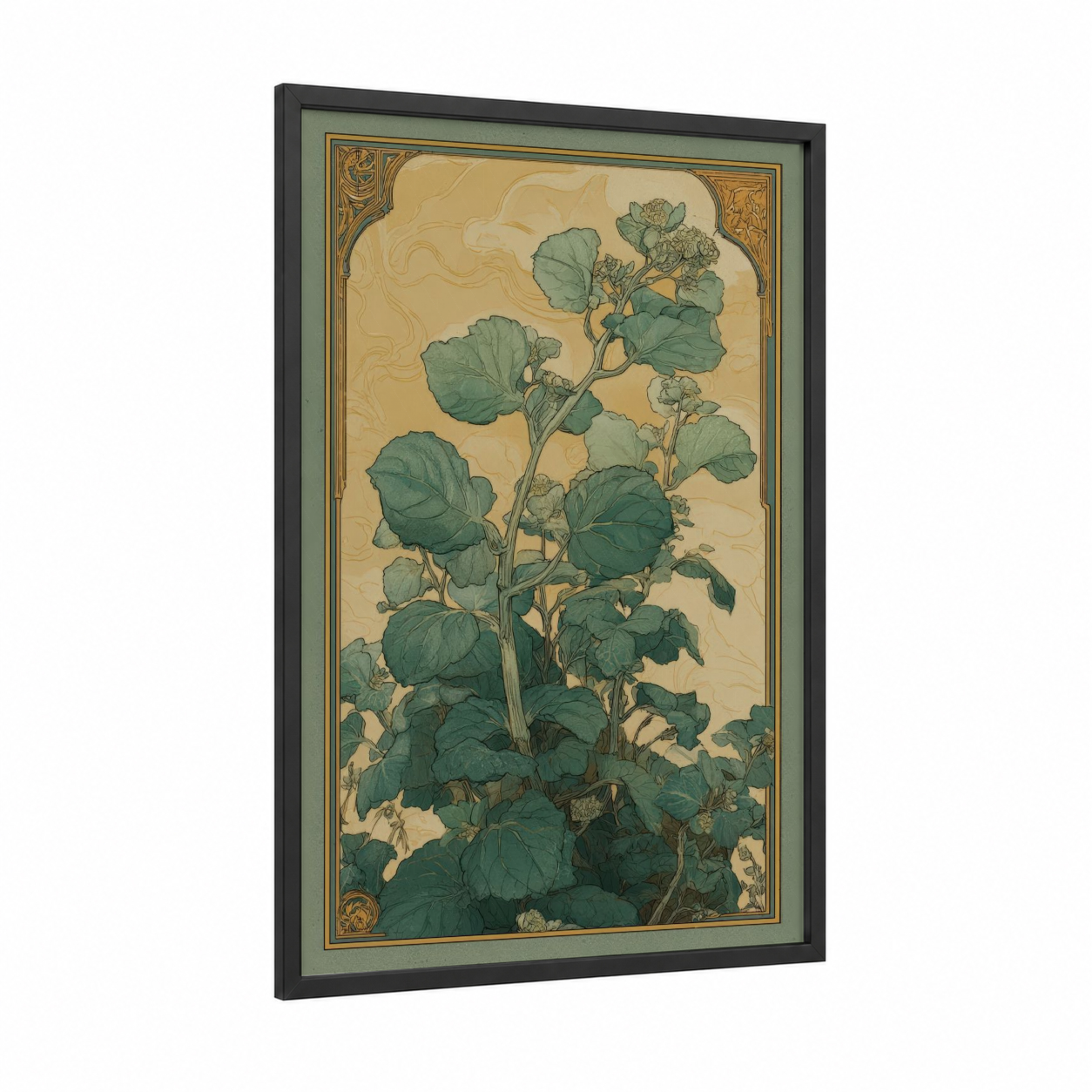 Botanical Herb Study framed herbs print — black wood frame — sage green and cream palette