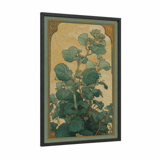 Botanical Herb Study framed herbs print — black wood frame — sage green and cream palette