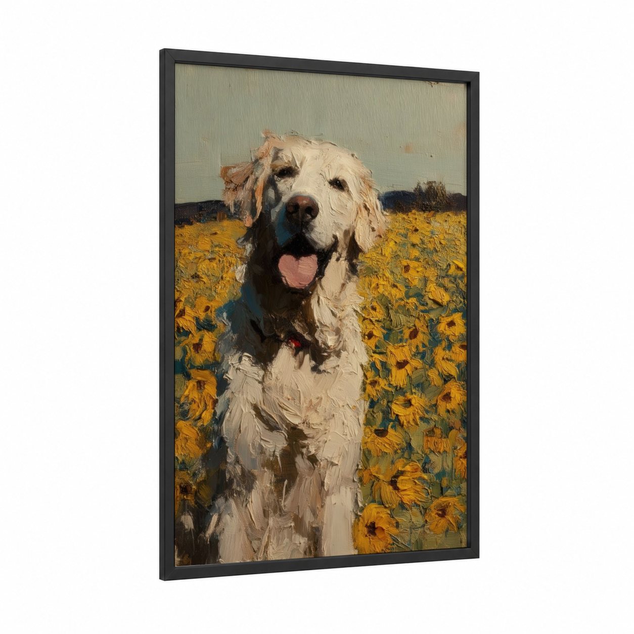 Sunflower Retriever framed art print — black wood frame — yellow gold and cream palette