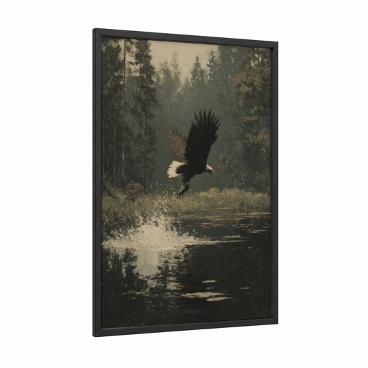 Hunting Eagle framed art print — black wood frame — gray and cream palette