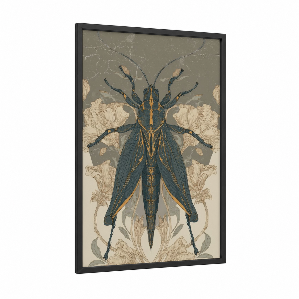Golden Grasshopper framed art print — black wood frame — dark blue and gold palette