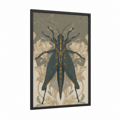 Golden Grasshopper framed art print — black wood frame — dark blue and gold palette