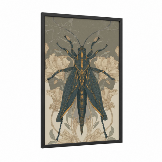 Golden Grasshopper framed art print — black wood frame — dark blue and gold palette