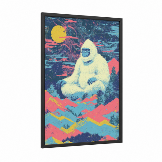 Cosmic Yeti framed art print — black wood frame — magenta and turquoise palette