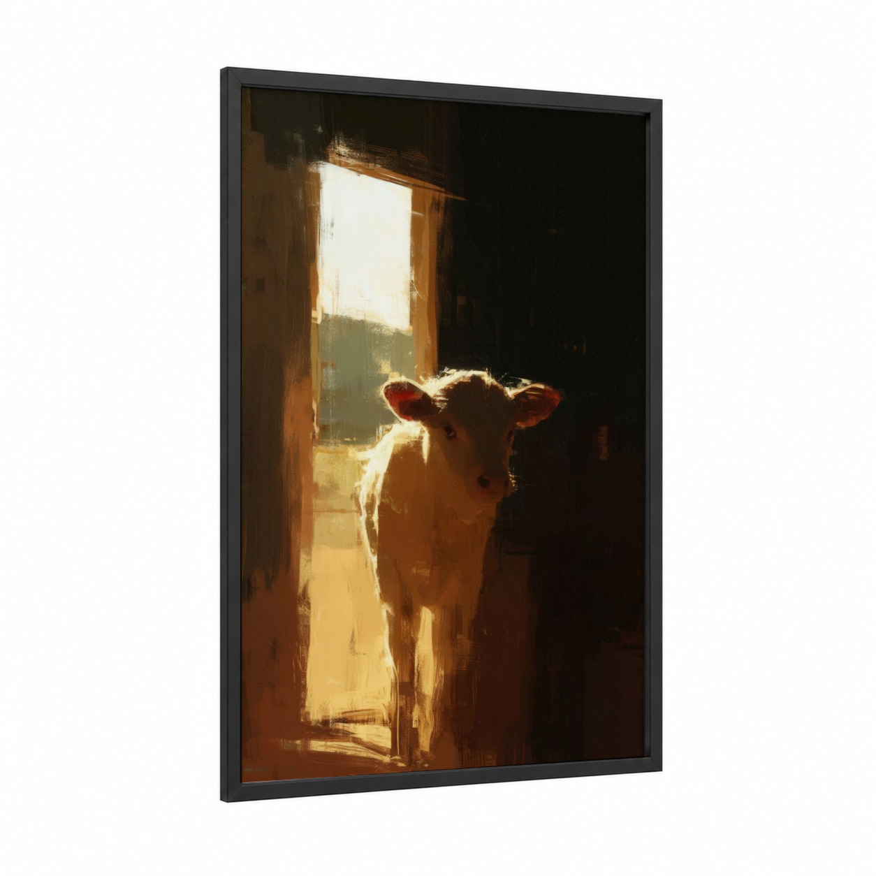 Golden Doorway Cow framed hereford cow print — black wood frame — gold and brown palette