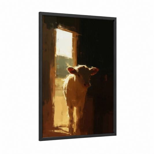 Golden Doorway Cow framed hereford cow print — black wood frame — gold and brown palette