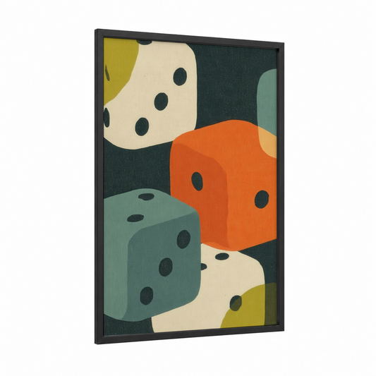 Colorful Dice Art framed art print — black wood frame — orange and teal palette