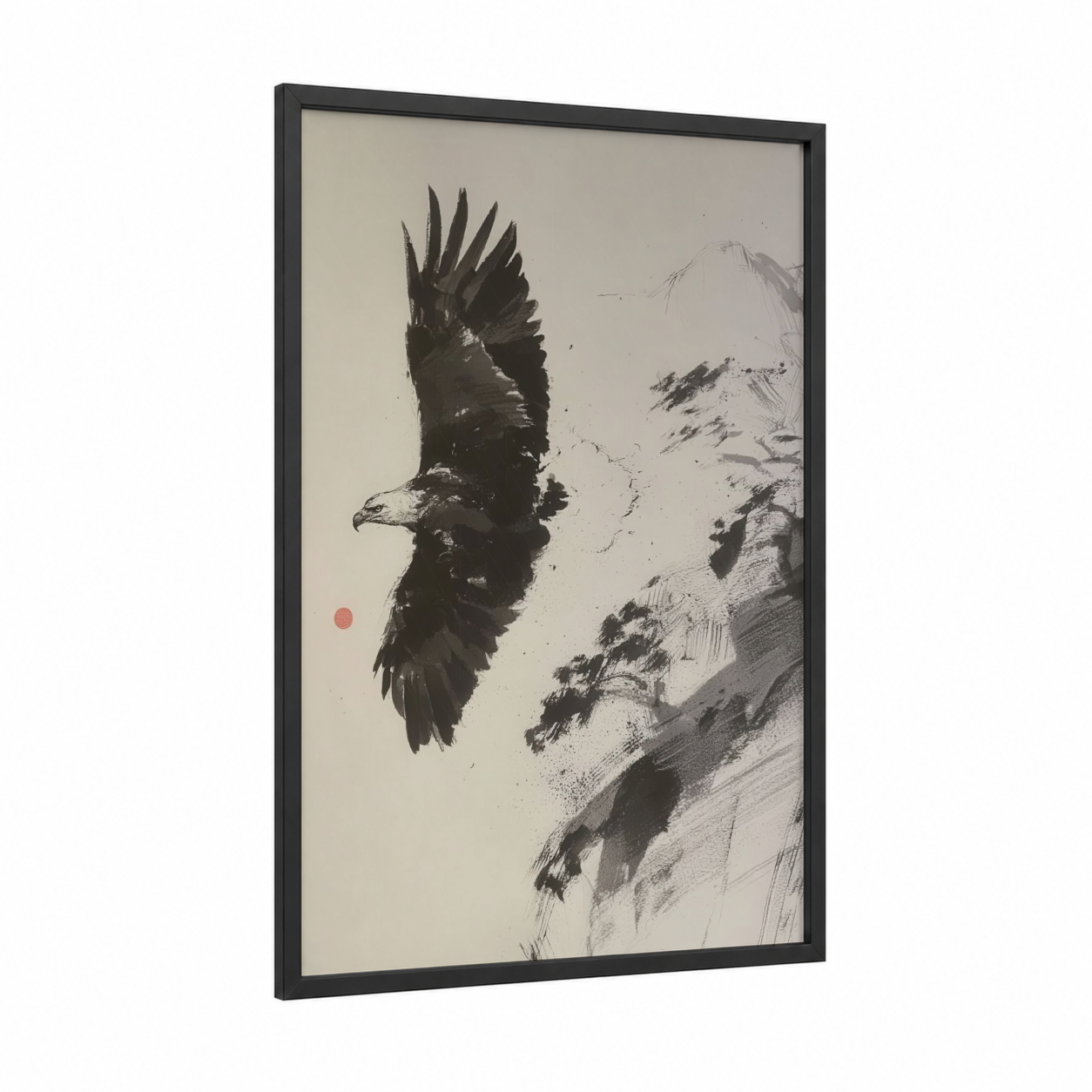 Mountain Eagle framed art print — black wood frame — black and white and peach palette