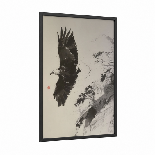 Mountain Eagle framed art print — black wood frame — black and white and peach palette
