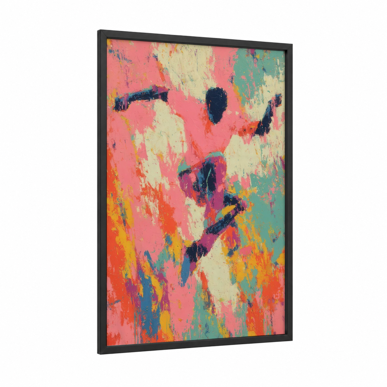 Urban Motion framed parkour print — black wood frame — pink and gold palette