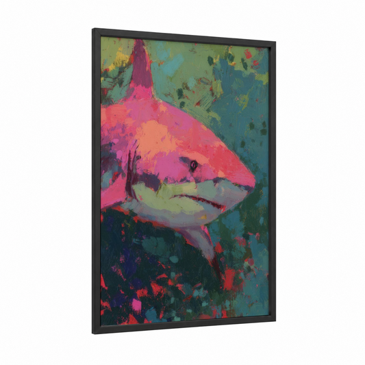 Neon Shark framed lemon shark print — black wood frame — magenta and teal palette