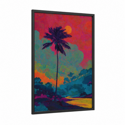Tropical Sunset Palm framed palm tree print — black wood frame — magenta and gold palette