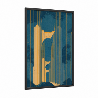 Golden Gateway Bridge framed bridges print — black wood frame — teal and gold palette