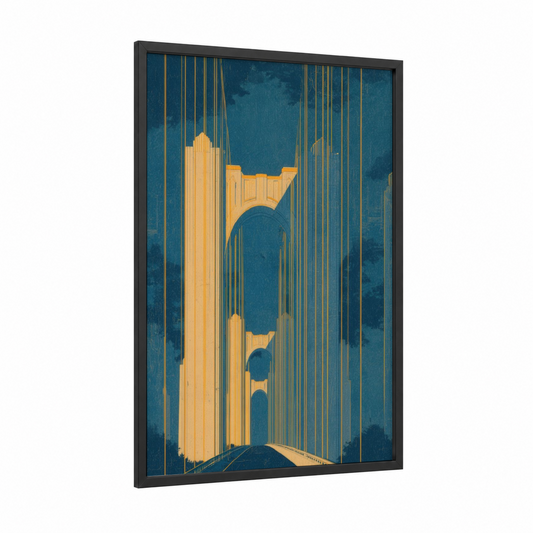 Golden Gateway Bridge framed bridges print — black wood frame — teal and gold palette