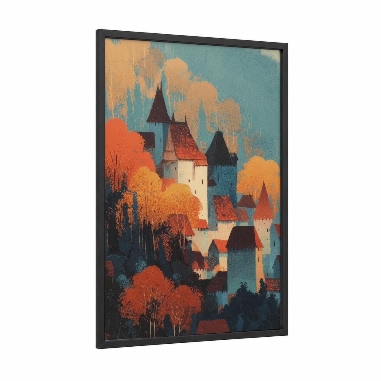 Autumn Castle framed art print — black wood frame — gold and teal palette
