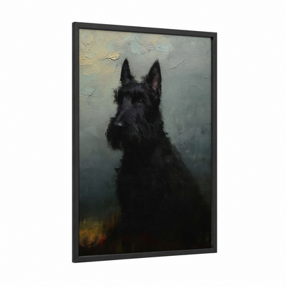 Contemplative Terrier framed art print — black wood frame — black and gray palette