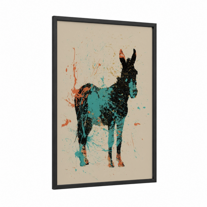 Splatter Donkey framed art print — black wood frame — teal and orange palette
