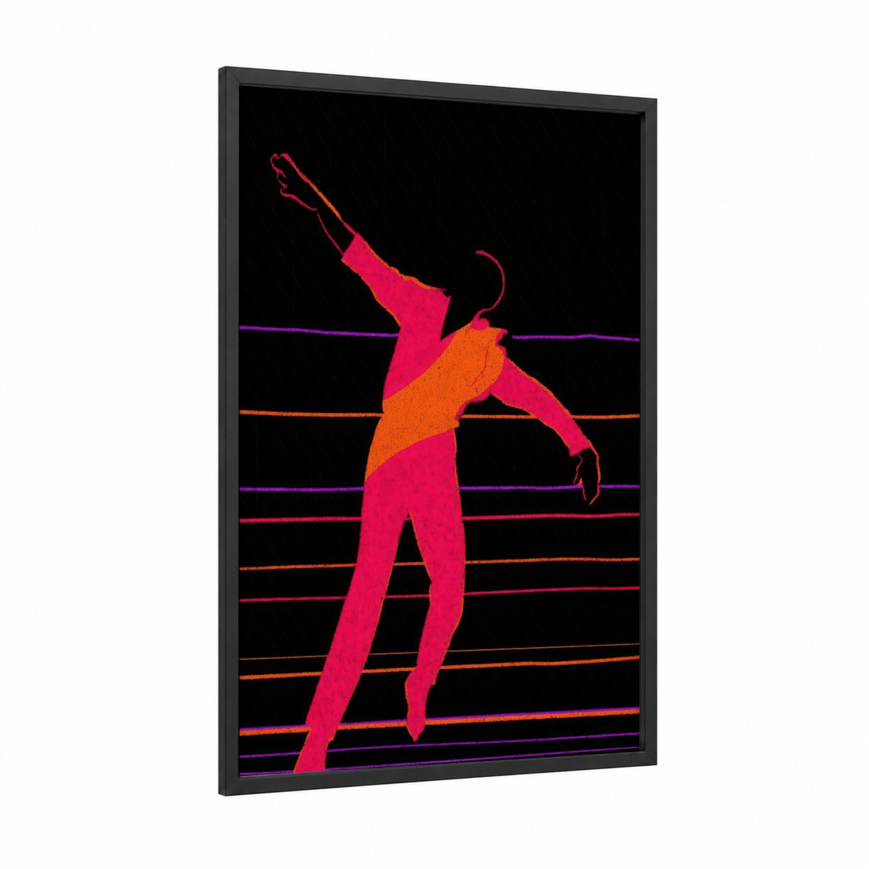 Neon Dancer framed disco print — black wood frame — magenta and orange palette