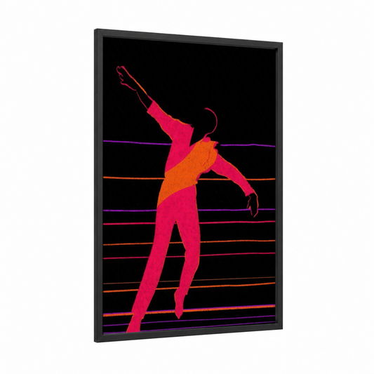 Neon Dancer framed disco print — black wood frame — magenta and orange palette