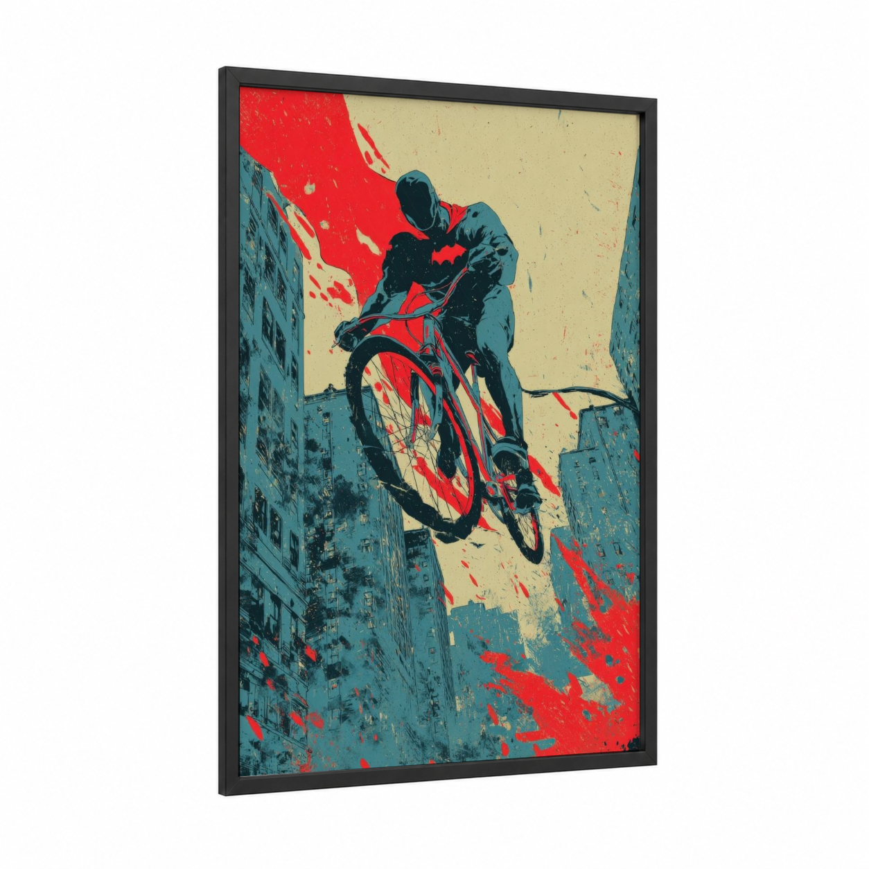 Urban Cyclist Leap framed urban bicycle print — black wood frame — red and dark blue palette
