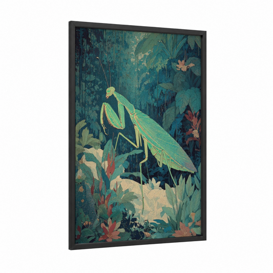 Emerald Mantis framed prayin mantis print — black wood frame — teal and gold palette