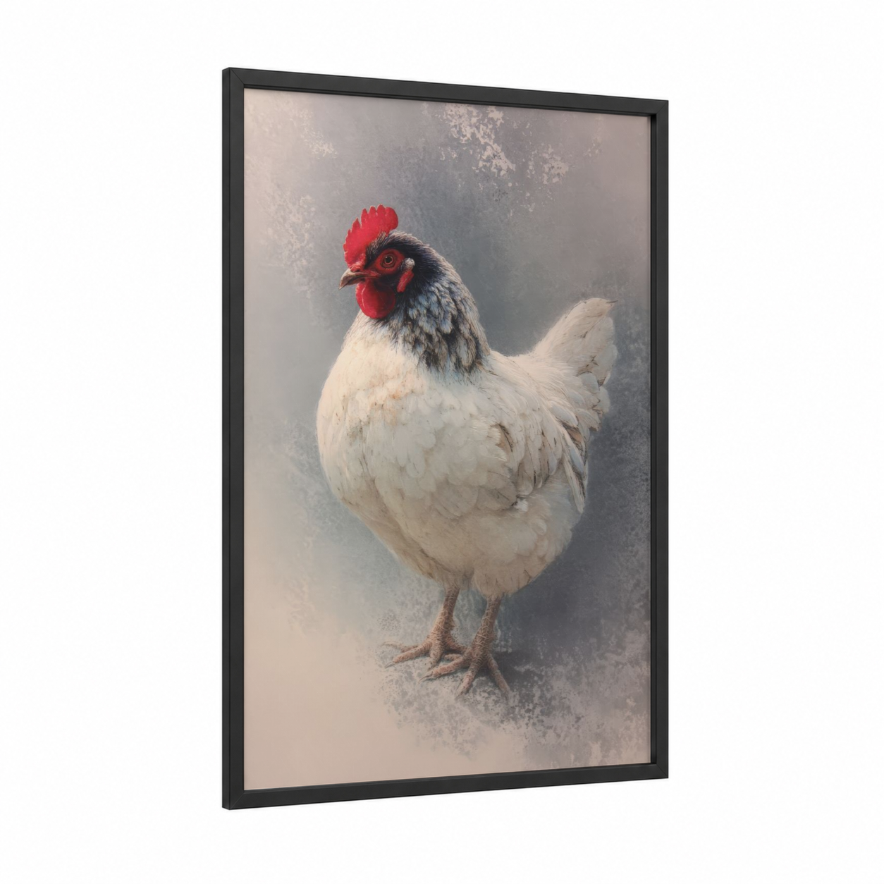 Red-Crested Rooster framed chicken and roosters print — black wood frame — white and red palette