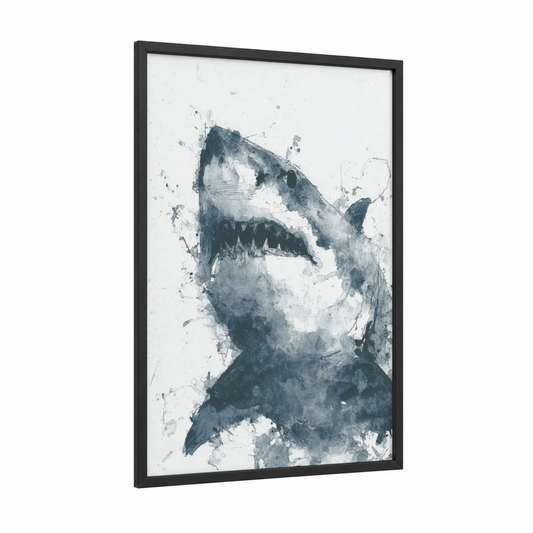 Aggressive Shark framed great white shark print — black wood frame — gray and black and white palette