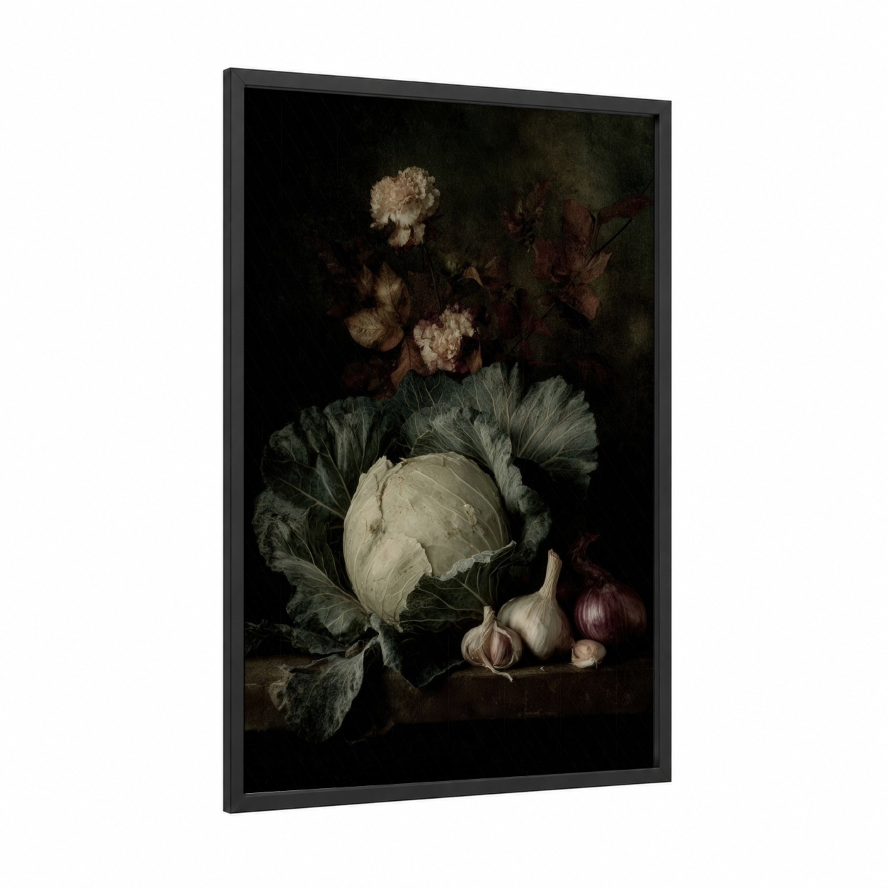 Dark Harvest Still Life framed vegetable print — black wood frame — cream and black palette