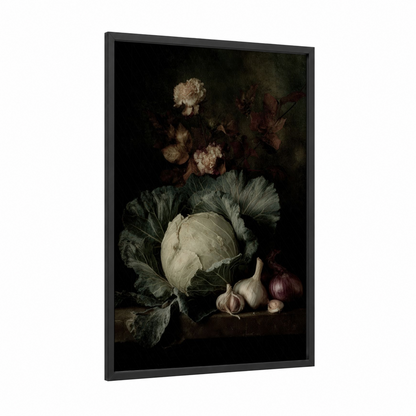 Dark Harvest Still Life framed vegetable print — black wood frame — cream and black palette