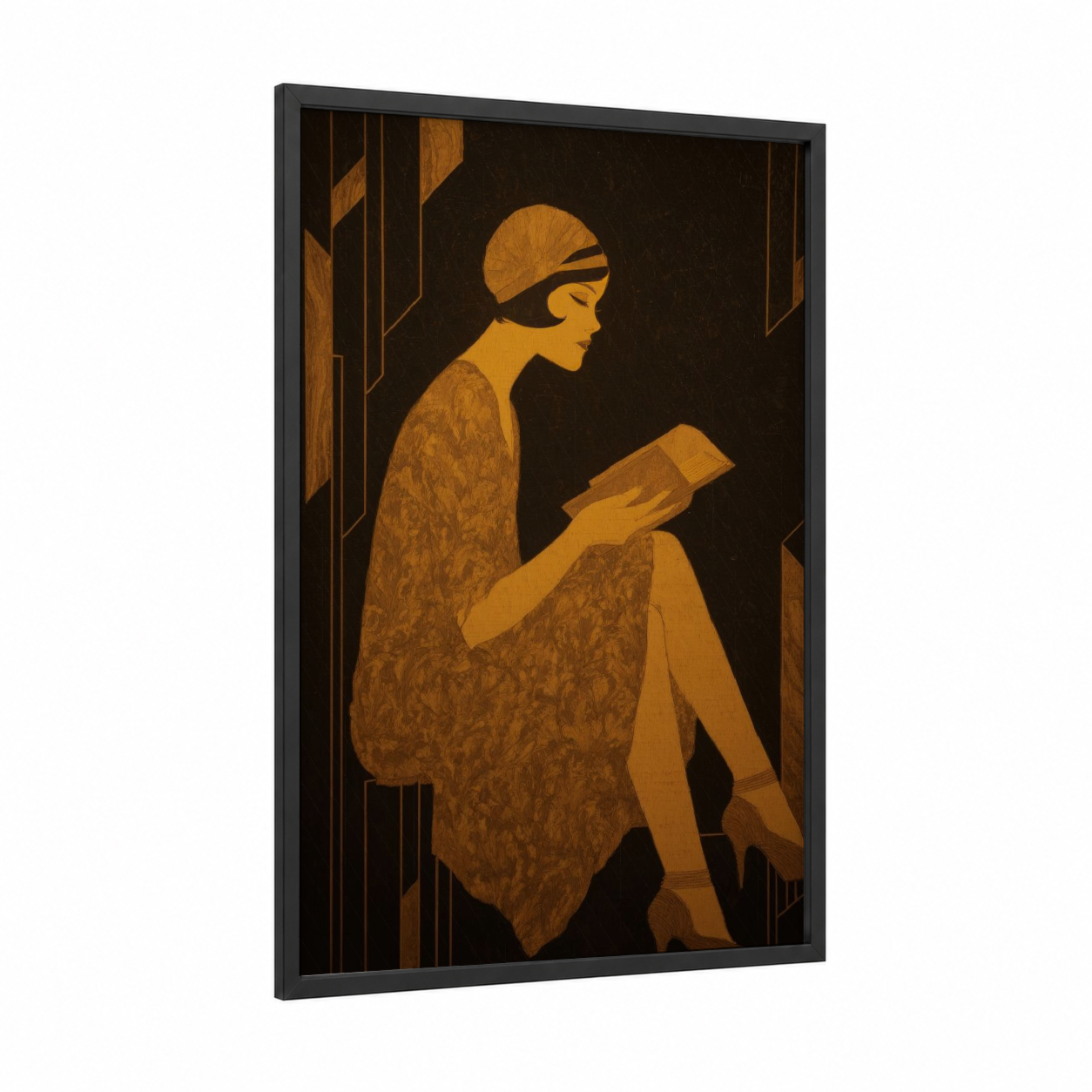 Golden Reader framed reading print — black wood frame — gold and black palette
