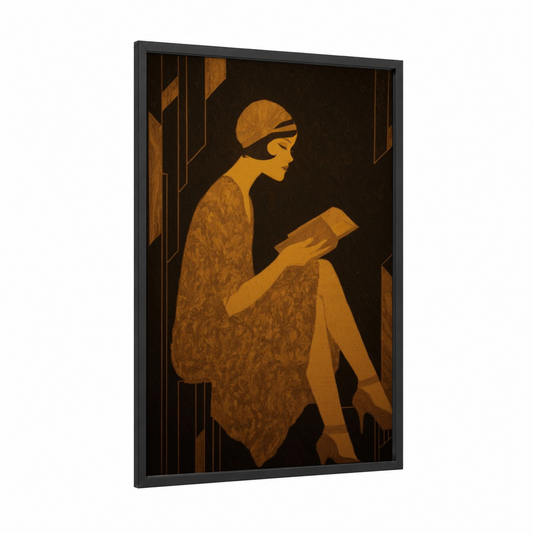 Golden Reader framed reading print — black wood frame — gold and black palette