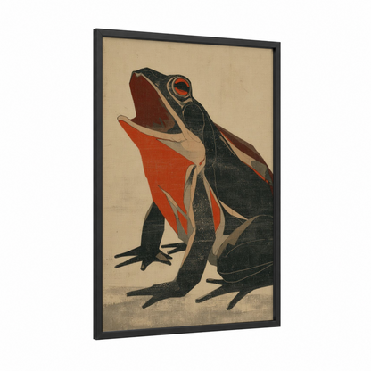 Crimson Frog framed frogs and toads print — black wood frame — black and red and cream palette