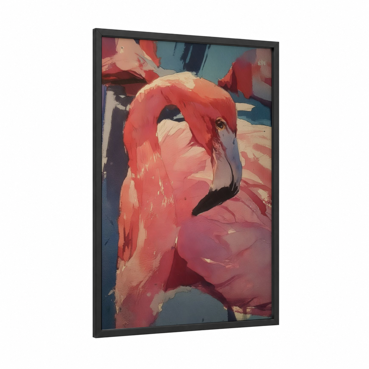 Crimson Flamingo framed art print — black wood frame — red and teal palette