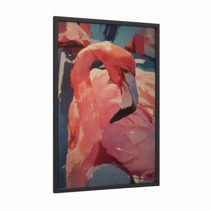 Crimson Flamingo framed art print — black wood frame — red and teal palette