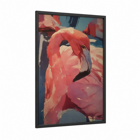 Crimson Flamingo framed art print — black wood frame — red and teal palette