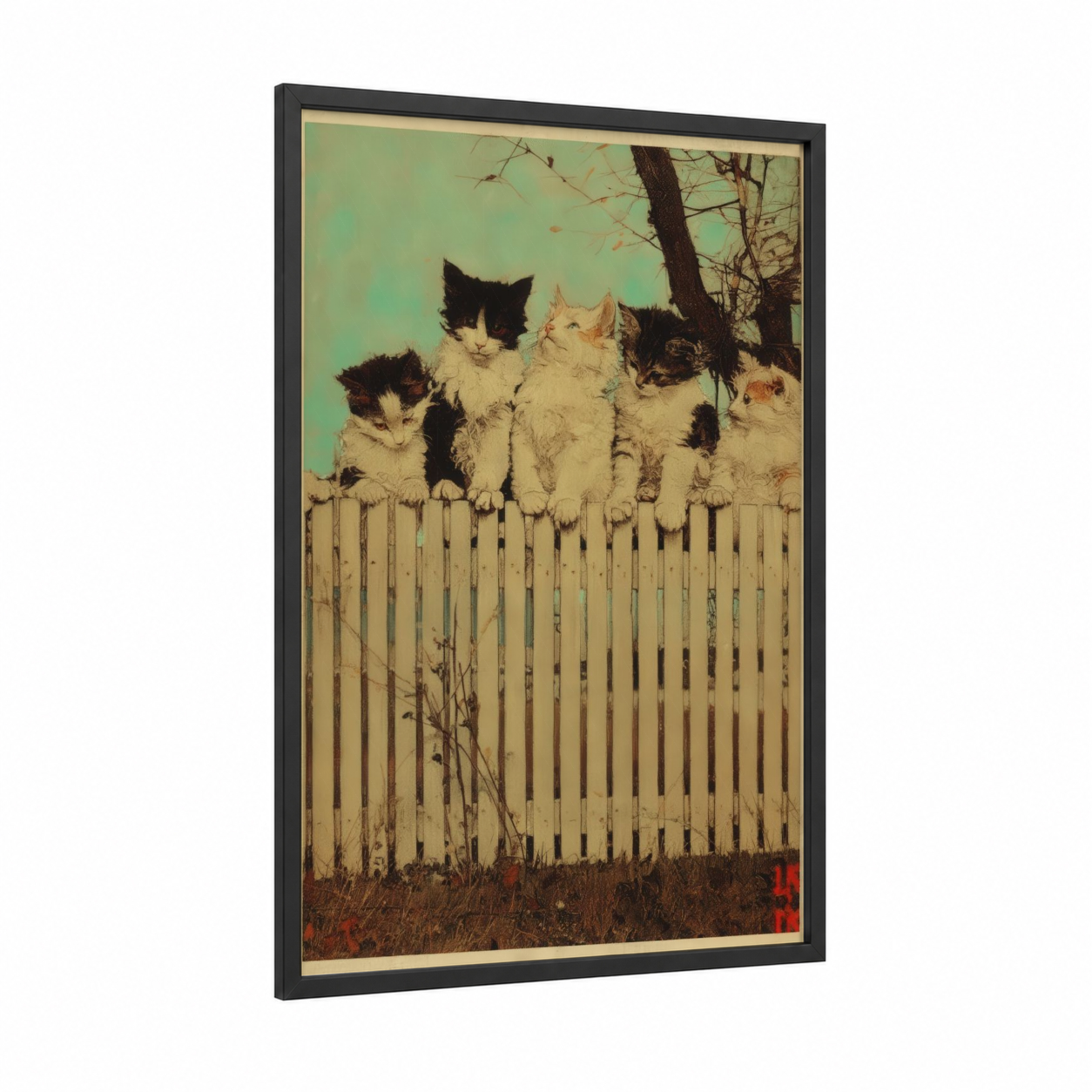Fence Kittens framed cat print — black wood frame — cream and sage green palette