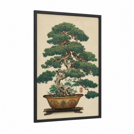 Miniature Bonsai Tree framed art print — black wood frame — true green and beige palette