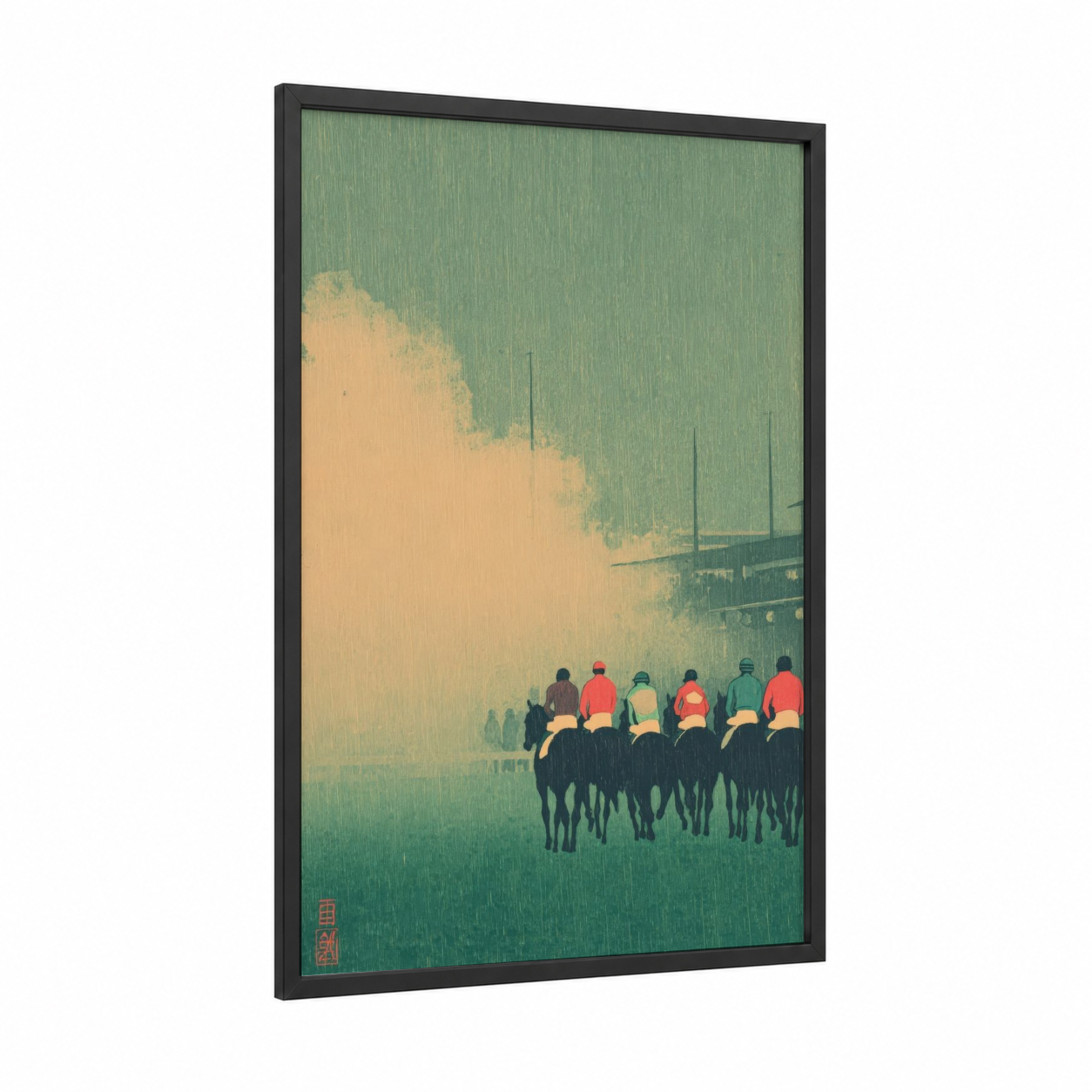 Misty Race Day framed horse racing print — black wood frame — light green and cream palette